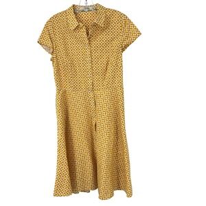 Boden Geometric Dress Button up Fit Flare Womens 12 Yellow Golden 50s
